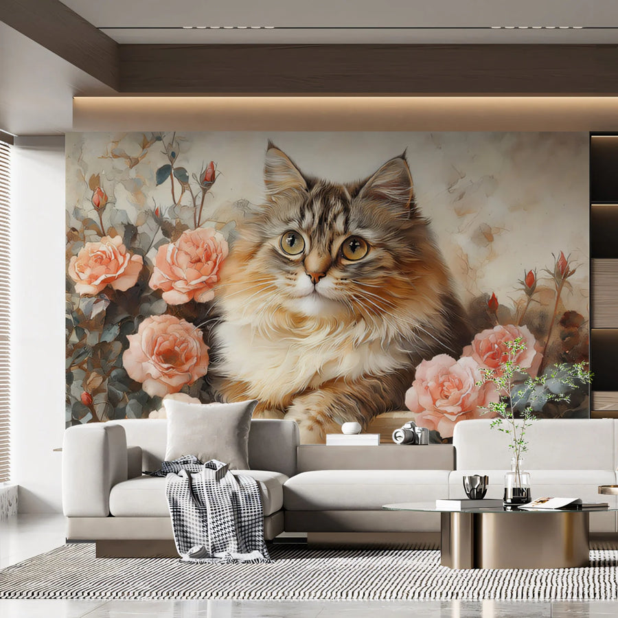 Fluffy Cat and Roses Mural Wallpaper — Soft Painterly Style Mural Wallpaper