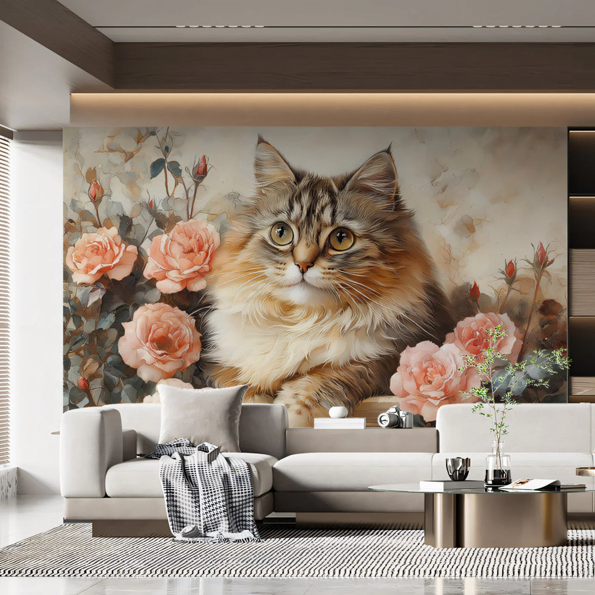 Fluffy Cat and Roses Mural Wallpaper — Soft Painterly Style Mural Wallpaper - pure wallpaper artwork
