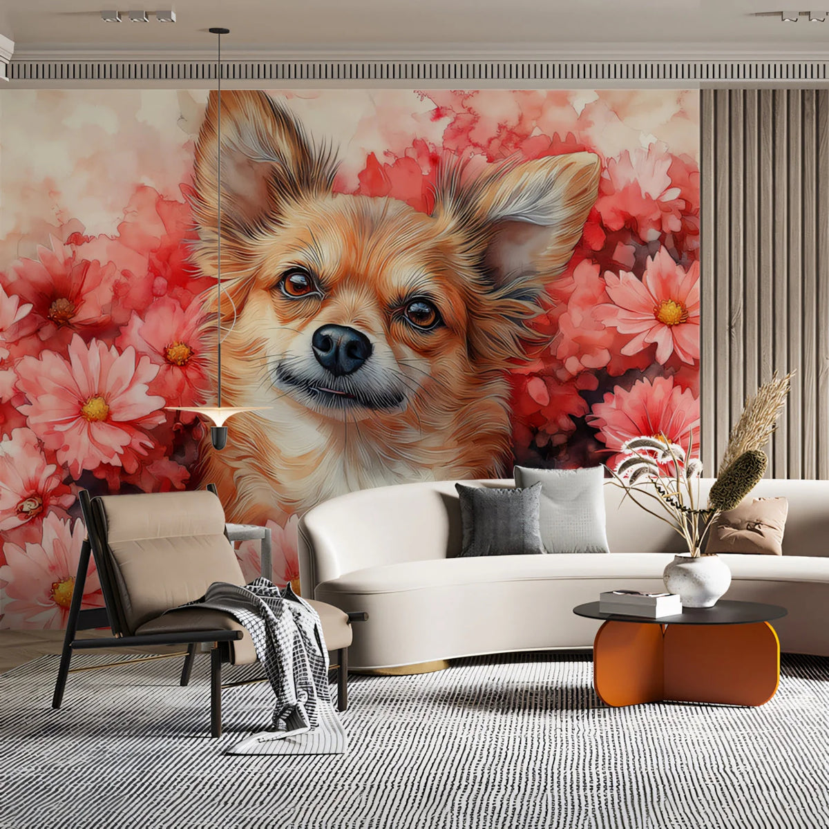 Chihuahua Floral Mural Wallpaper — Whimsical Painted Design Mural Wallpaper - pure wallpaper artwork