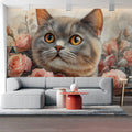 British Shorthair Cat Floral Mural Wallpaper — Soft Rose Garden Mural Wallpaper - pure wallpaper artwork