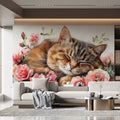 Sleeping Tabby Cat and Rose Mural Wallpaper — Whimsical Floral Mural Wallpaper - pure wallpaper artwork