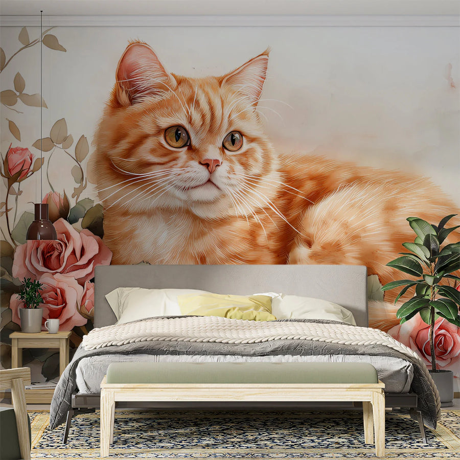 Orange Tabby Cat and Roses Mural Wallpaper — Whimsical Floral Art Mural Wallpaper