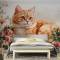 Orange Tabby Cat and Roses Mural Wallpaper — Whimsical Floral Art Mural Wallpaper - pure wallpaper artwork