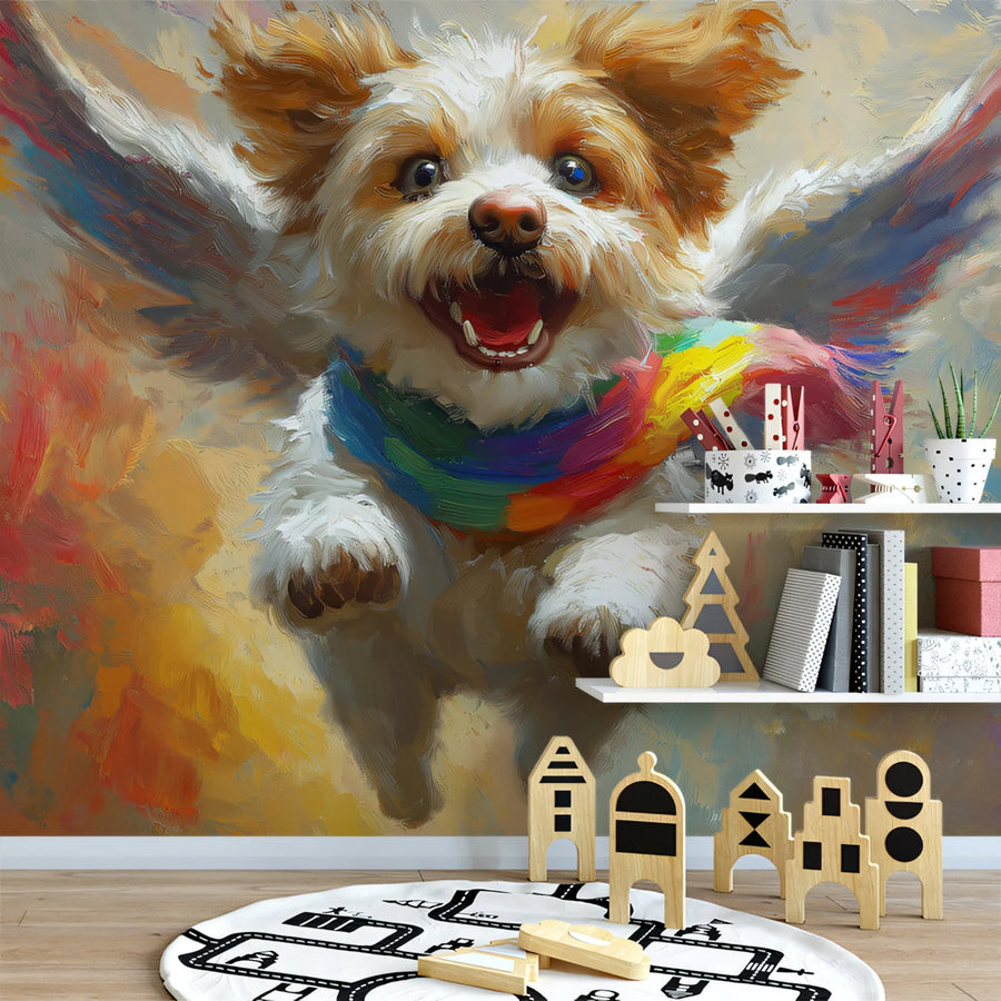 Flying Winged Dog Mural Wallpaper — Whimsical Rainbow Scarf Art Mural Wallpaper