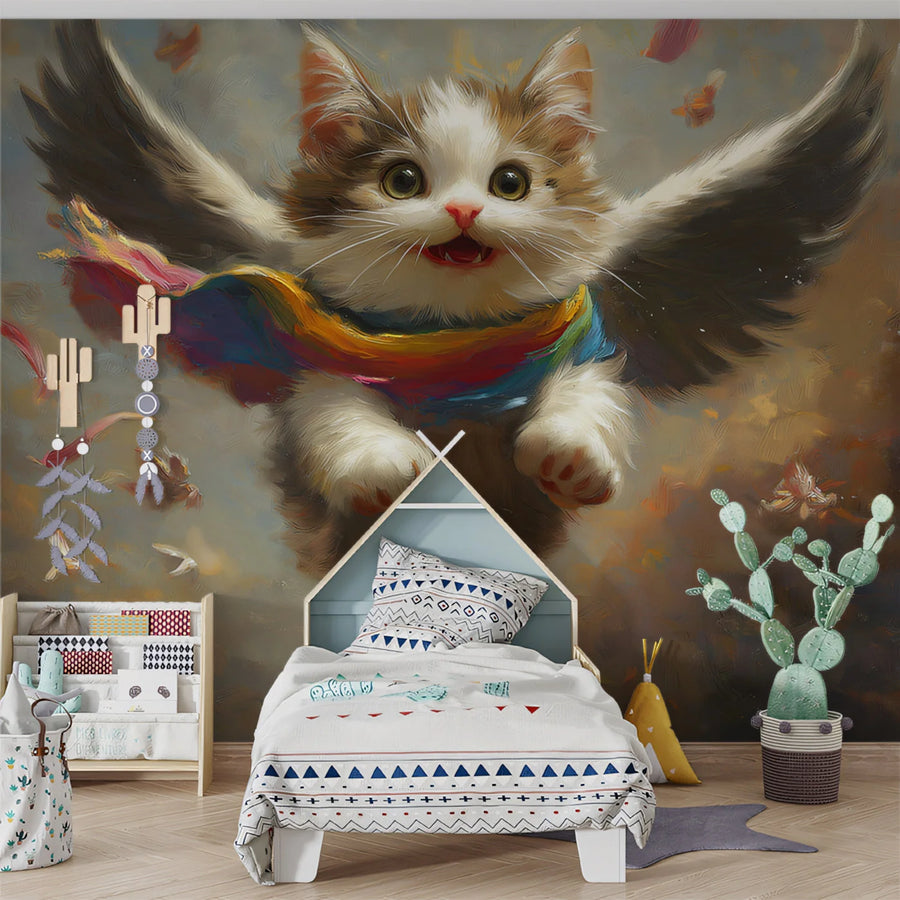 Flying Kitten with Wings Mural Wallpaper —Whimsical Fantasy Art Mural Wallpaper