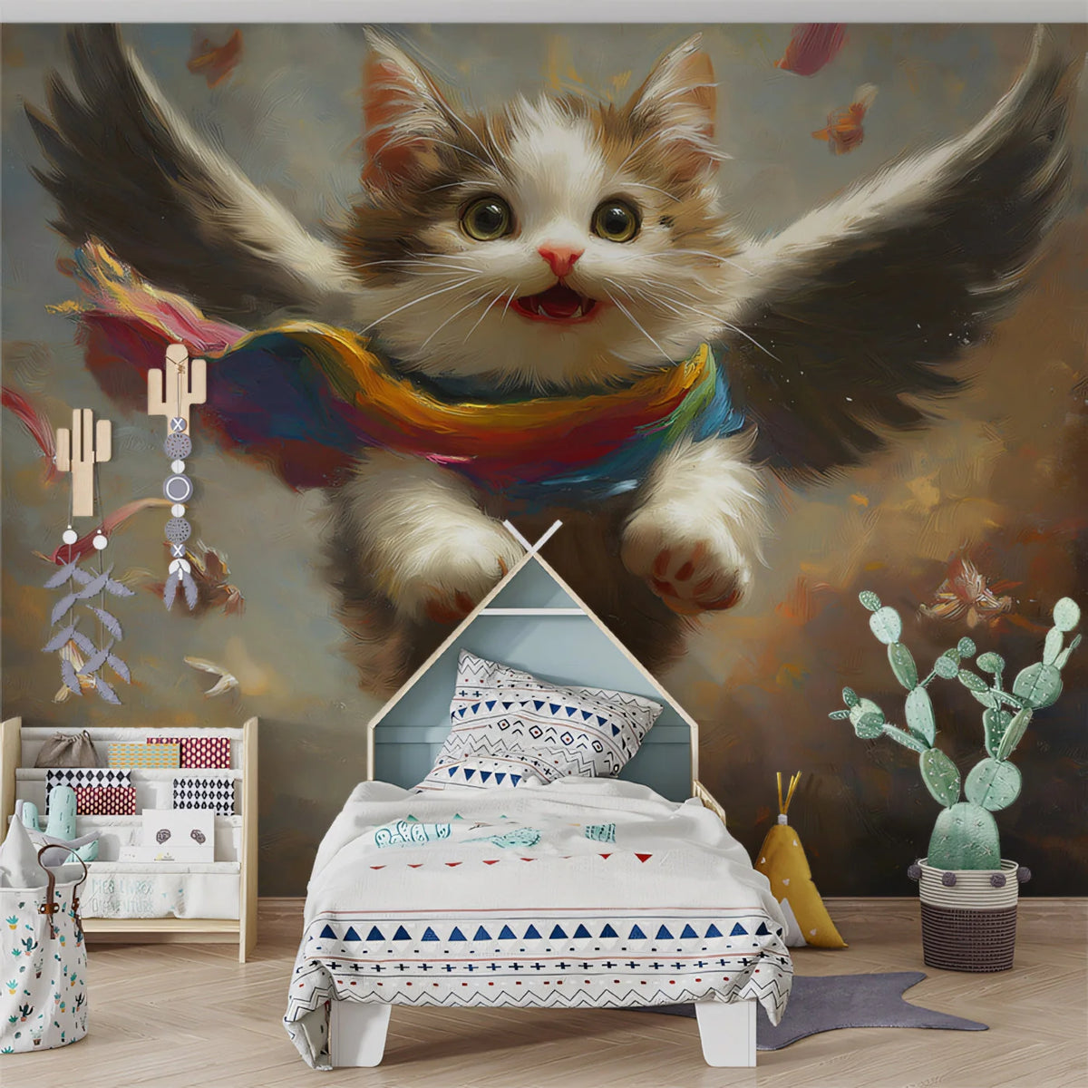 Flying Kitten with Wings Mural Wallpaper —Whimsical Fantasy Art Mural Wallpaper - pure wallpaper artwork