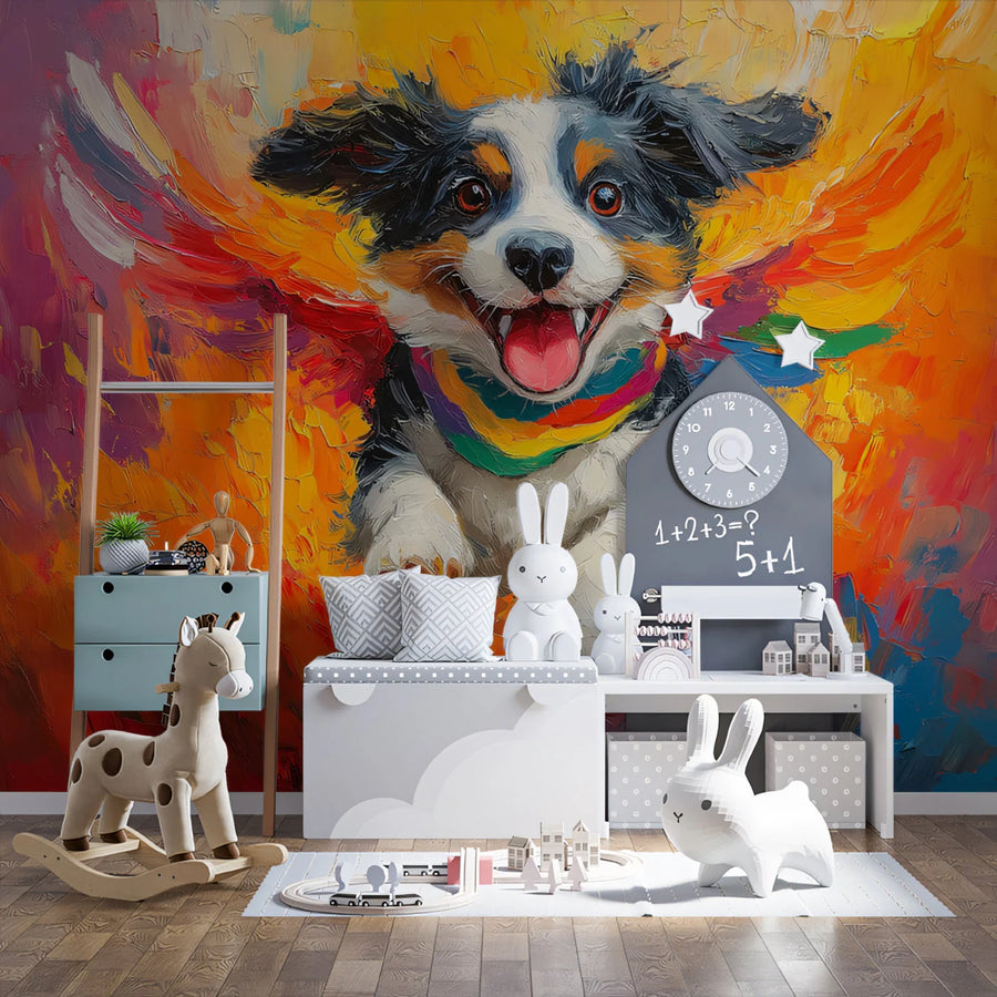 Australian Shepherd Joy Mural Wallpaper — Vibrant Artistic Design Mural Wallpaper