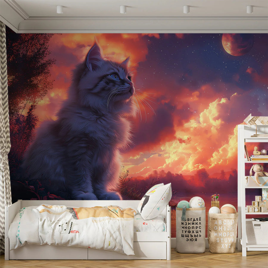 Fluffy Cat Sunset Mural Wallpaper — Dreamy Horizon Scene Mural Wallpaper