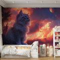 Fluffy Cat Sunset Mural Wallpaper — Dreamy Horizon Scene Mural Wallpaper - pure wallpaper artwork