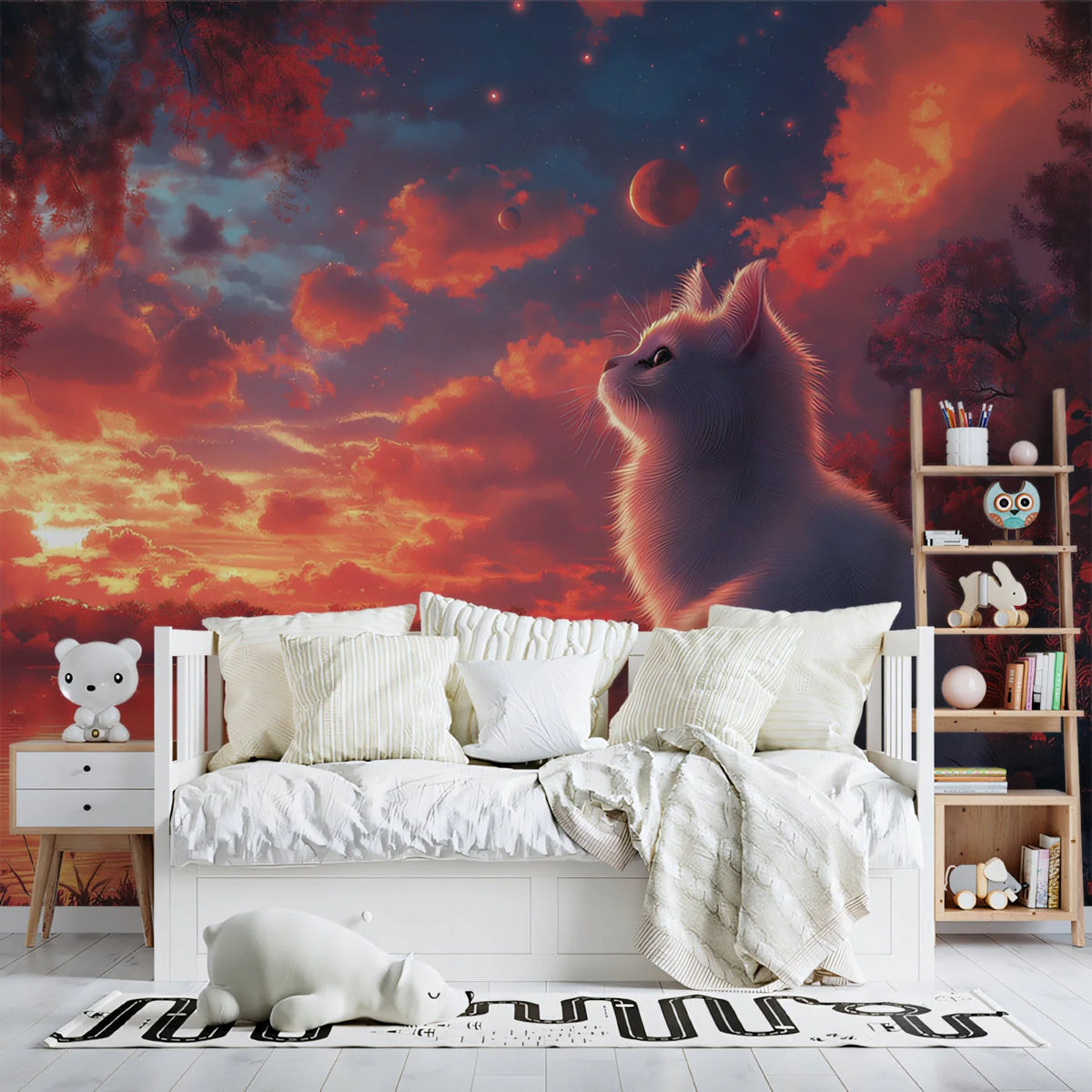 Starlit Cat and Sunset Sky Mural Wallpaper — Whimsical Decor Mural Wallpaper - pure wallpaper artwork