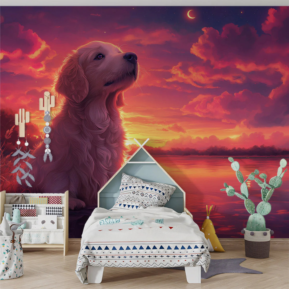 Golden Retriever Sunset Mural Wallpaper — Dreamy Lakeside Scene Mural Wallpaper - pure wallpaper artwork