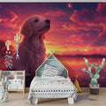 Golden Retriever Sunset Mural Wallpaper — Dreamy Lakeside Scene Mural Wallpaper - pure wallpaper artwork