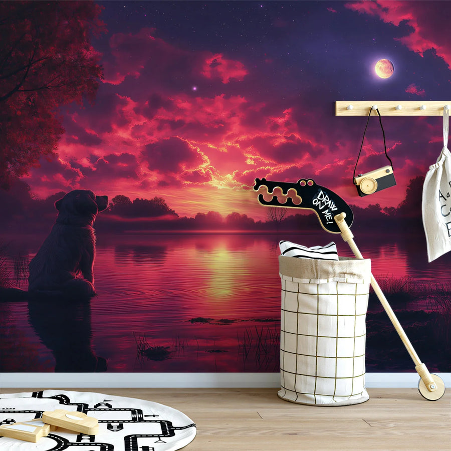Golden Retriever Lakeside Sunset Mural Wallpaper — Dreamy Landscape Mural Wallpaper