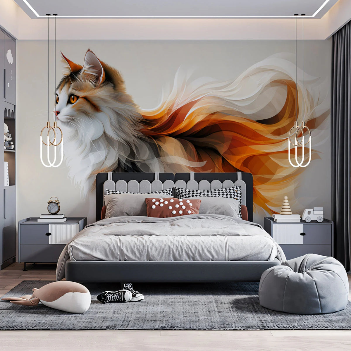 Flame Fur Cat Mural Wallpaper — Artistic Whimsical Illustration Mural Wallpaper - pure wallpaper artwork