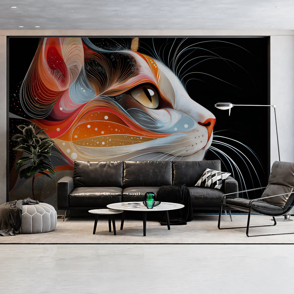 Abstract Feline Profile Mural Wallpaper — Vibrant Cosmic Swirl Mural Wallpaper - pure wallpaper artwork