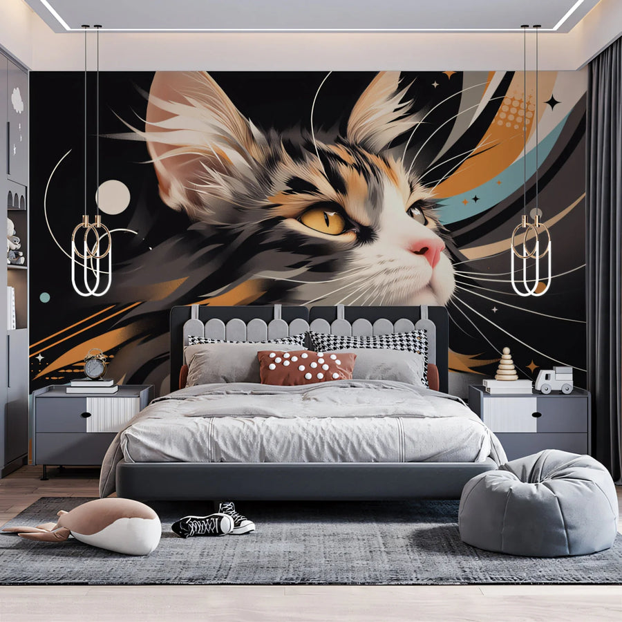 Celestial Feline Mural Wallpaper — Whimsical Cosmic Art Mural Wallpaper