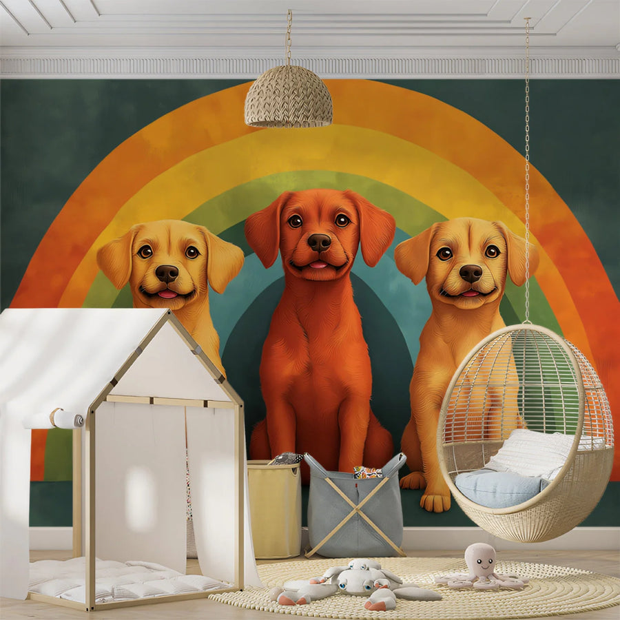 Three Puppies Rainbow Mural Wallpaper — Playful Childhood Design Mural Wallpaper