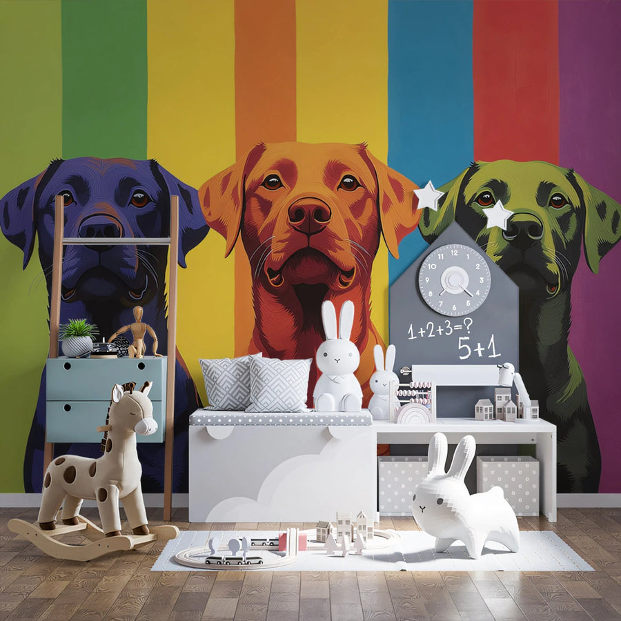 Playful Dog Trio Mural Wallpaper — Vibrant Artistic Pattern Mural Wallpaper