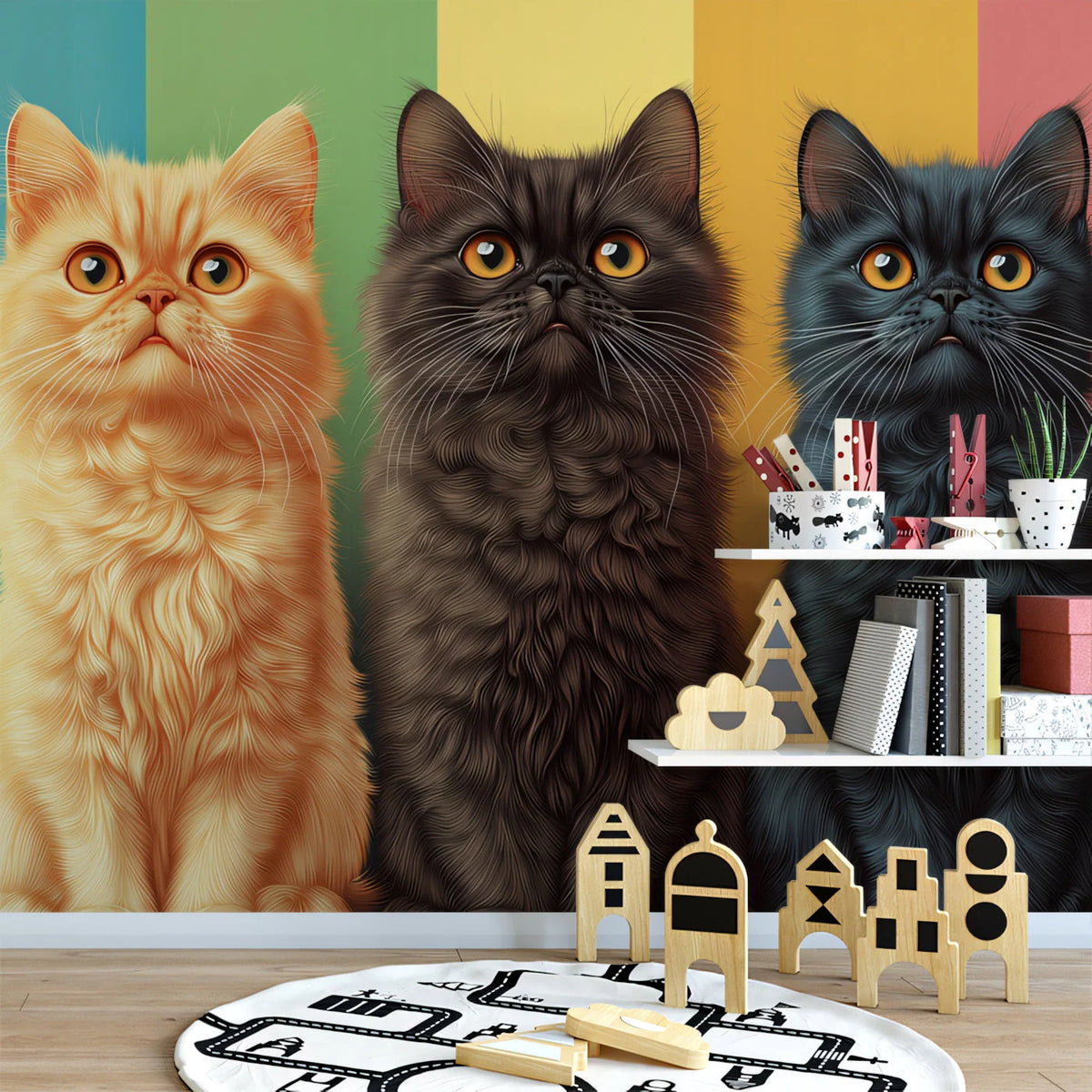 Three Fluffy Cats Mural Wallpaper — Vibrant Pastel Vertical Stripe Mural Wallpaper - pure wallpaper artwork