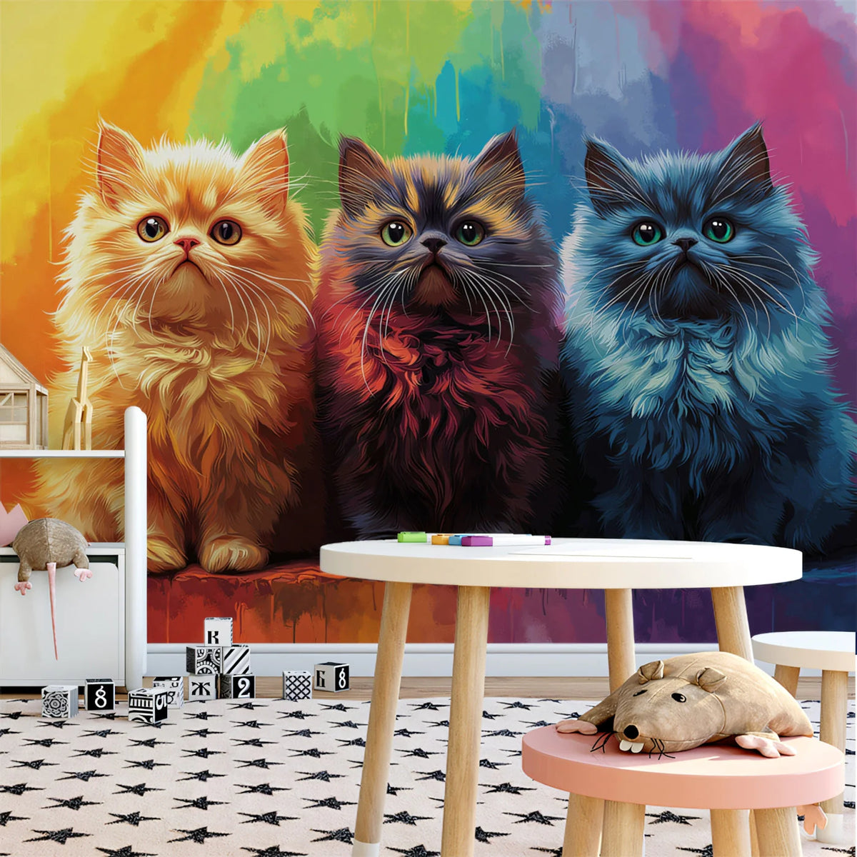 Trio of Fluffy Cats Mural Wallpaper — Colorful Whimsical Art Mural Wallpaper - pure wallpaper artwork
