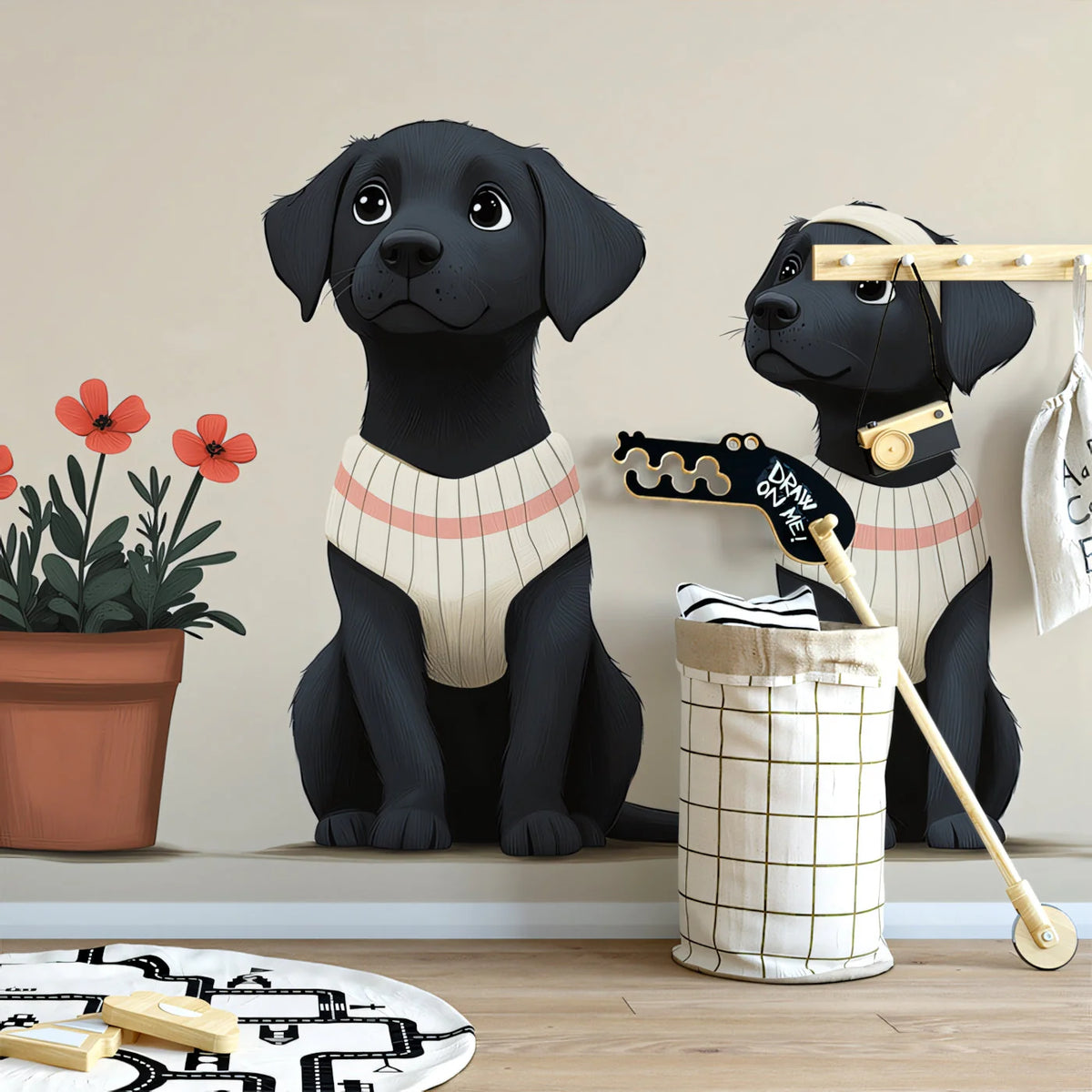 Two Labrador Puppies Mural Wallpaper — Playful Illustration Mural Wallpaper - pure wallpaper artwork