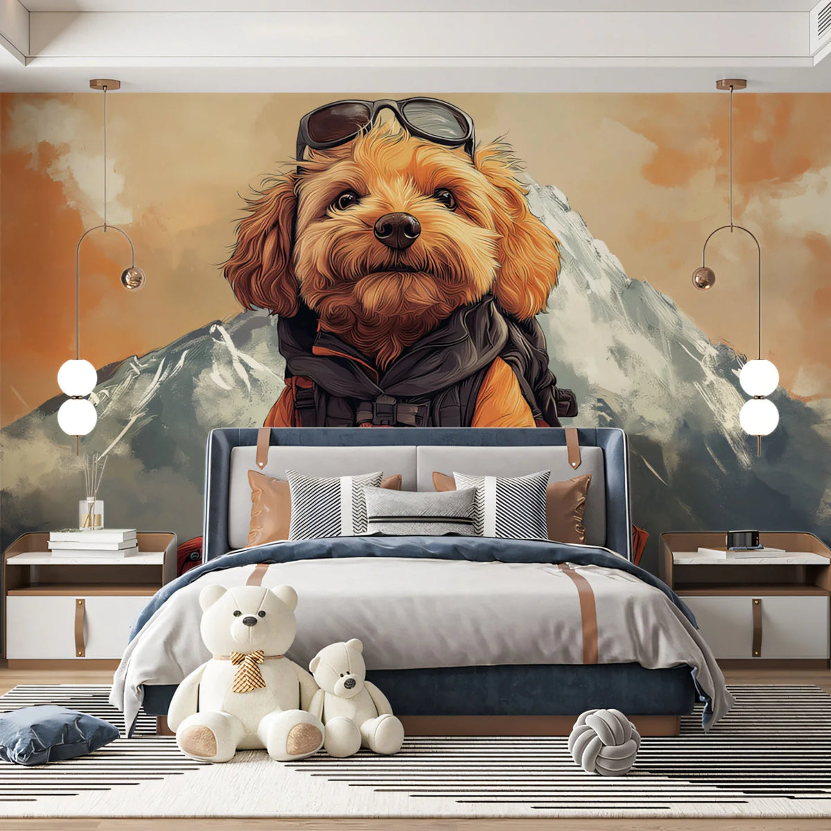 Adventurous Aviator Dog Mural Wallpaper — Whimsical Mountain Scene Mural Wallpaper - pure wallpaper artwork