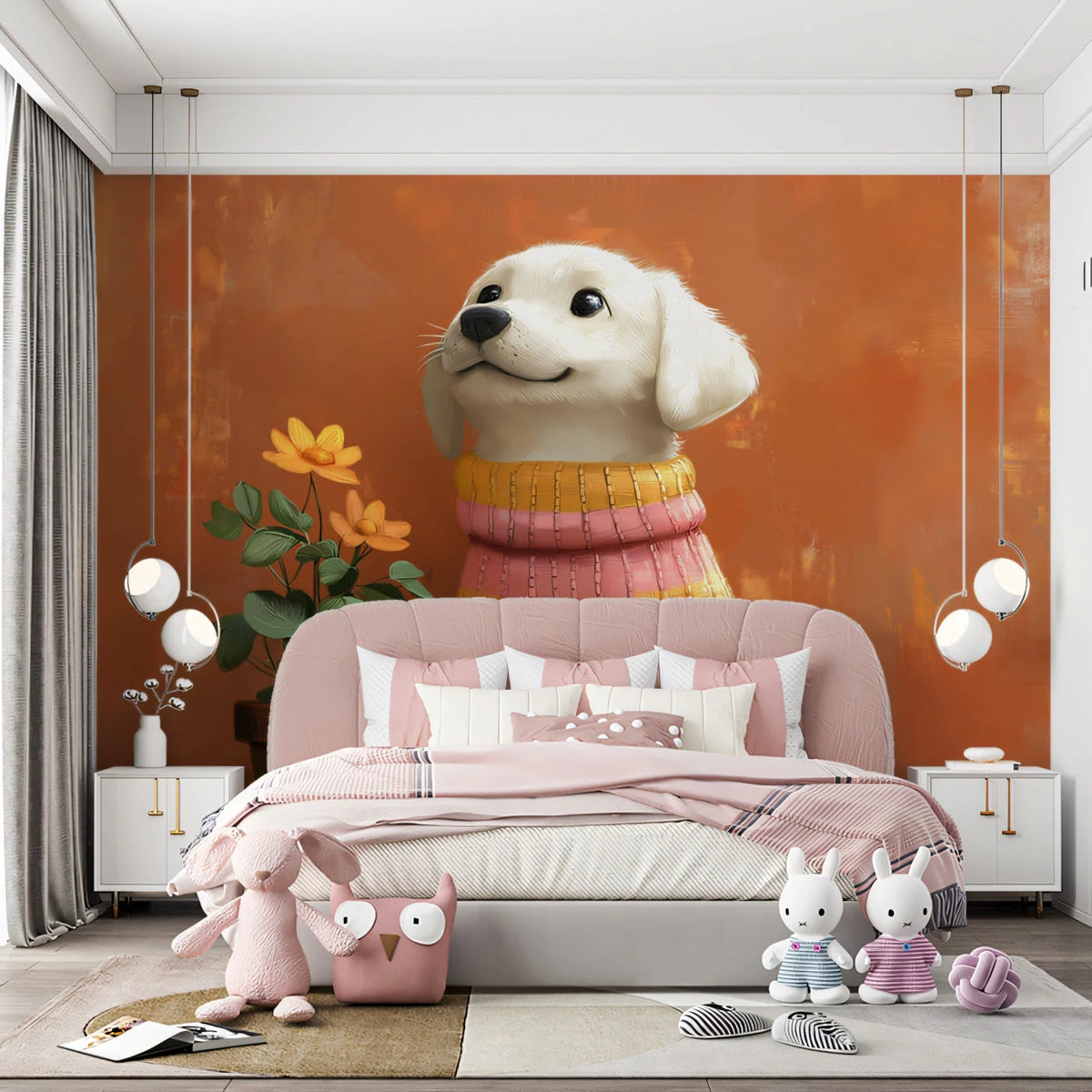 Puppy in Sweater Mural Wallpaper —Warm Painterly Illustration Mural Wallpaper - pure wallpaper artwork