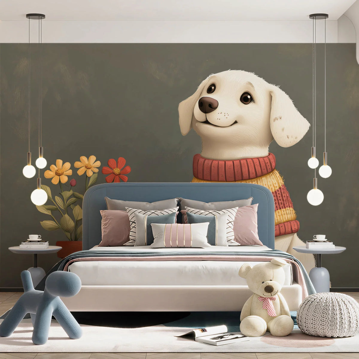 Dog in Sweater Mural Wallpaper —Whimsical Painted Illustration Mural Wallpaper - pure wallpaper artwork