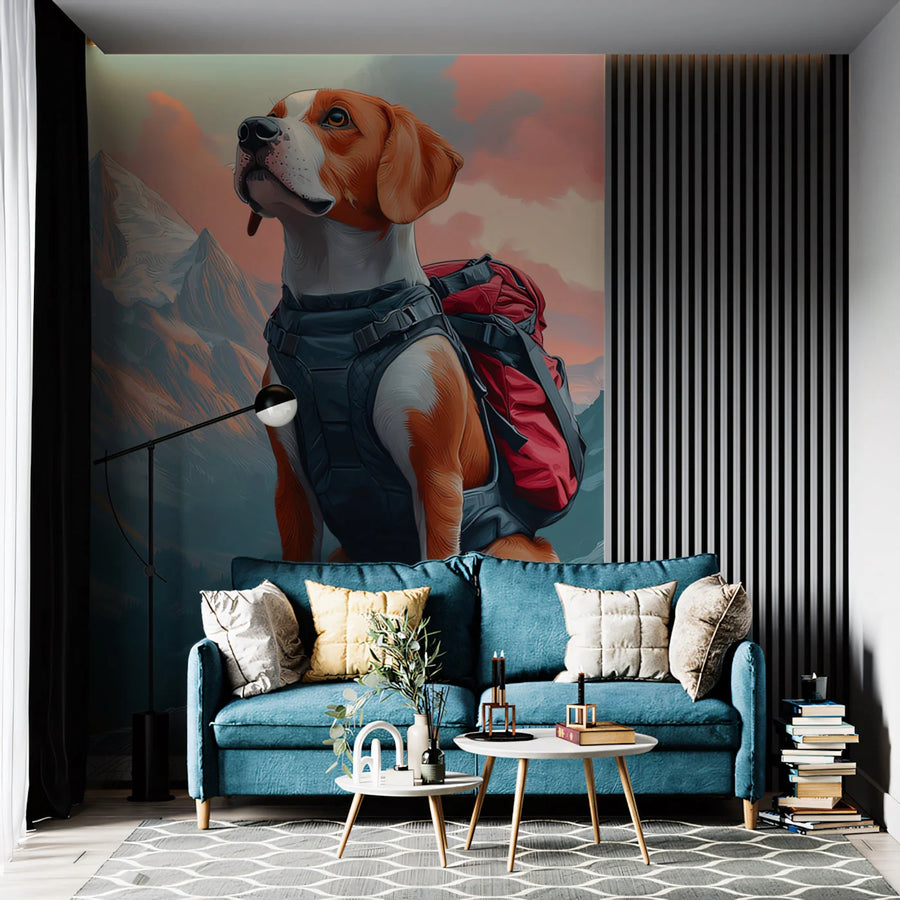 Adventurous Beagle Hiker Mural Wallpaper — Mountain Landscape Mural Wallpaper