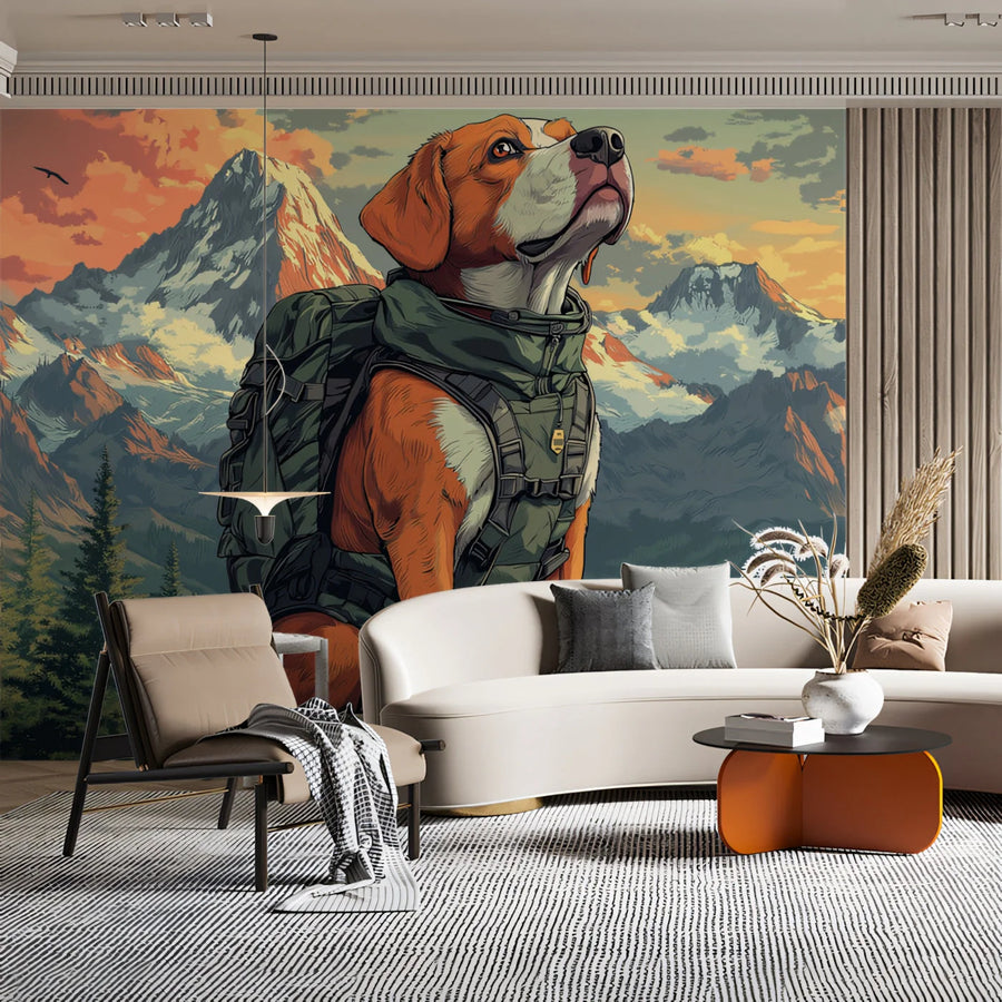 Adventurous Beagle Hiking Mural Wallpaper —Mountain Scenic Design Mural Wallpaper