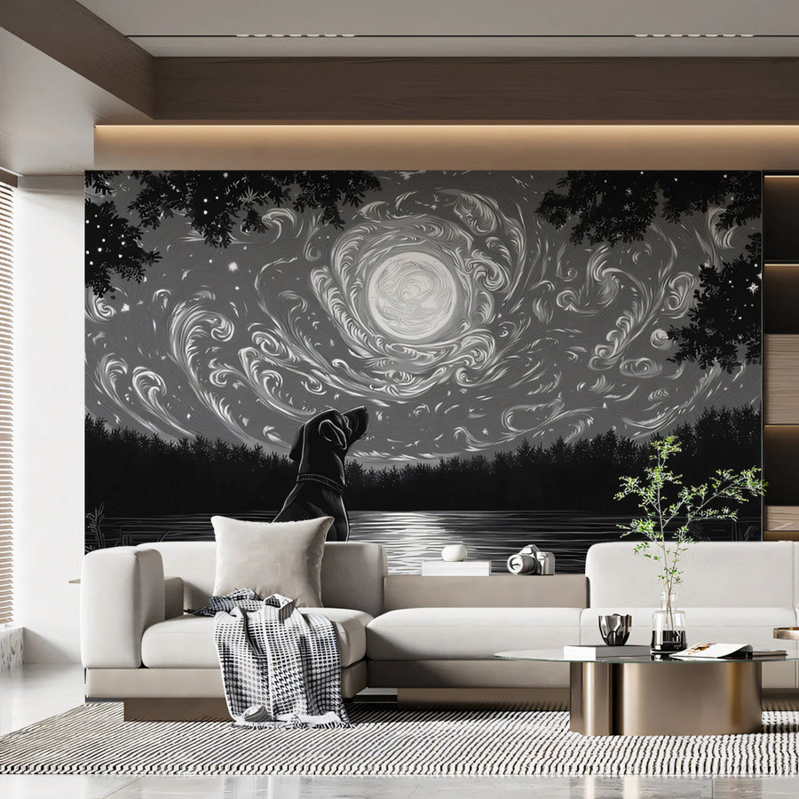 Starry Night Canine Mural Wallpaper — Midnight Cosmic Illustration Mural Wallpaper