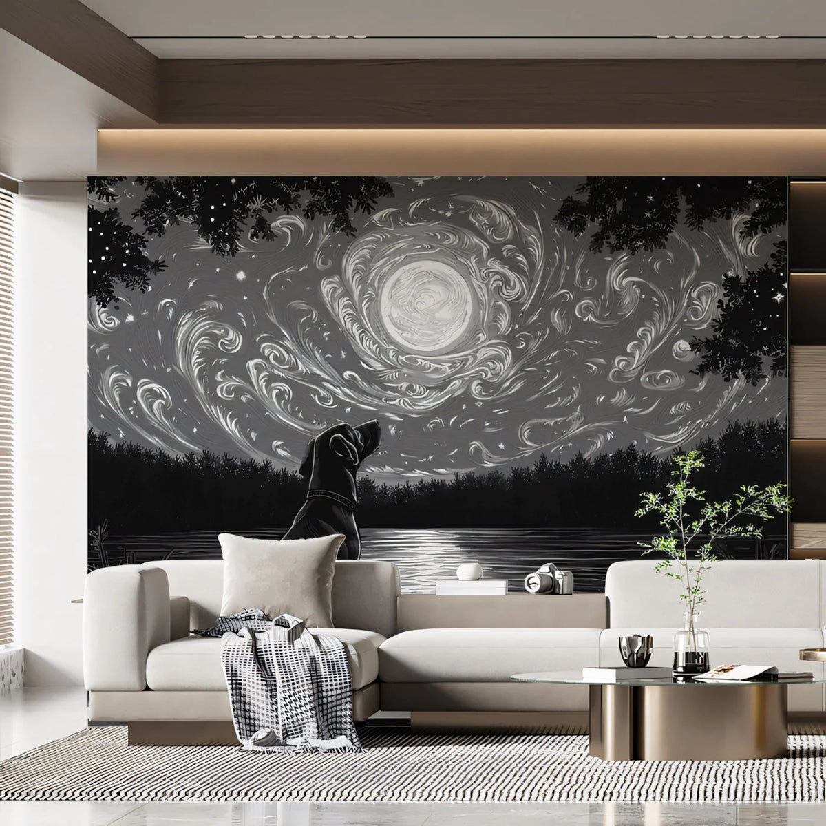 Starry Night Canine Mural Wallpaper — Midnight Cosmic Illustration Mural Wallpaper - pure wallpaper artwork