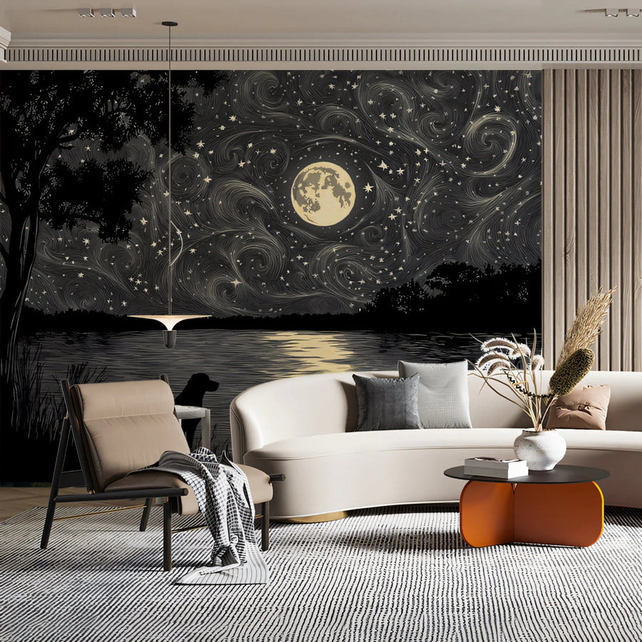 Moonlit Dog and Cosmic Sky Mural Wallpaper — Monochrome Art Mural Wallpaper