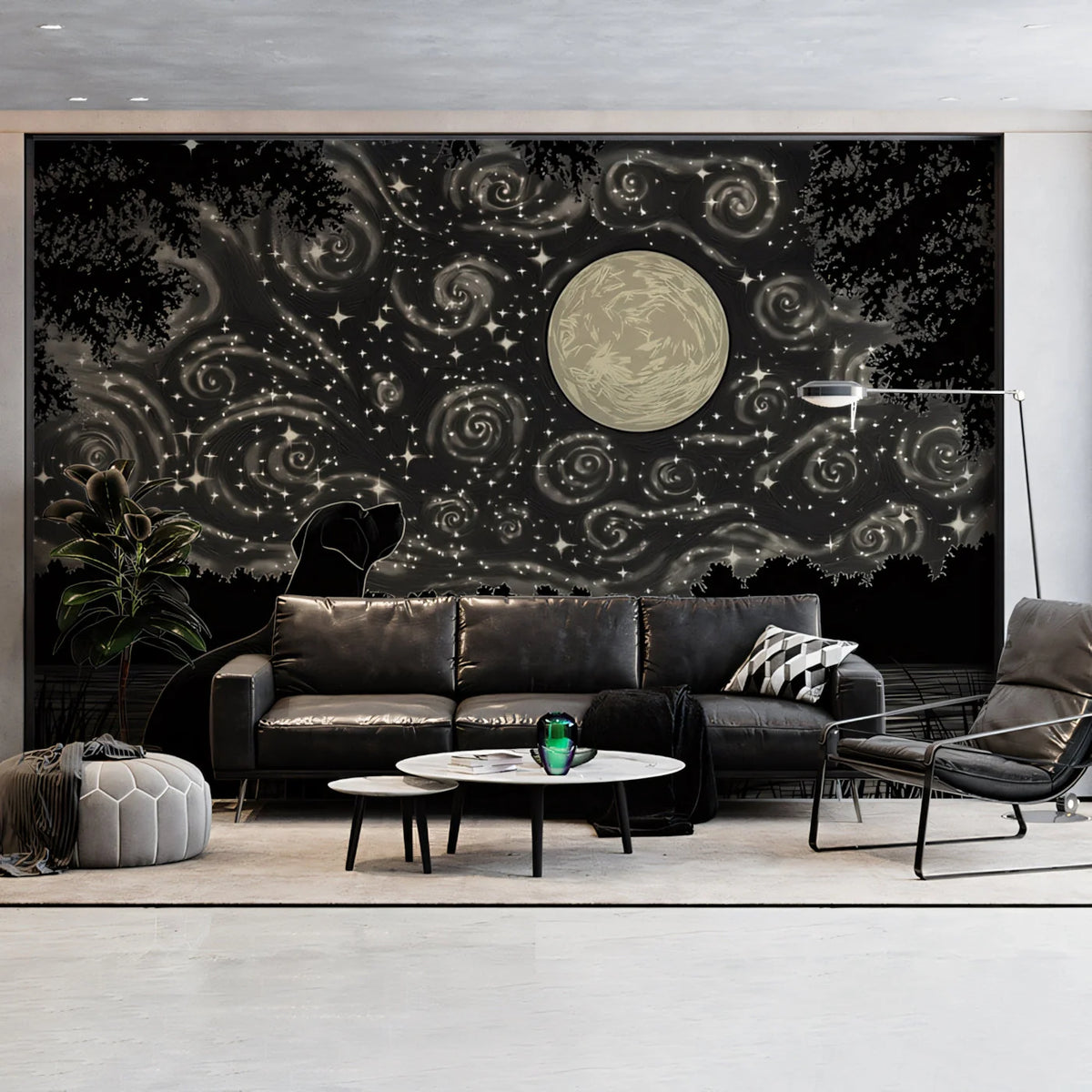Starlit Dog and Moon Mural Wallpaper — Cosmic Night Scene Mural Wallpaper - pure wallpaper artwork