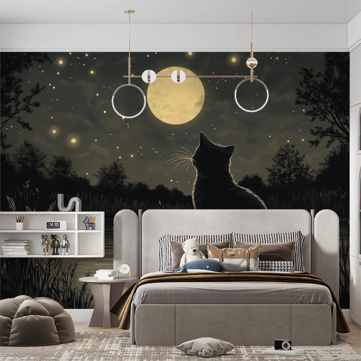 Moonlit Cat Silhouette Mural Wallpaper — Night Sky Illustration Mural Wallpaper - pure wallpaper artwork