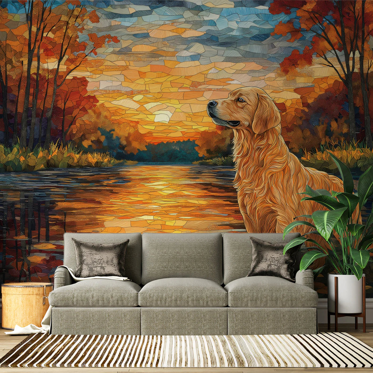 Golden Retriever Mosaic Mural Wallpaper — Autumn Sunset Landscape Mural Wallpaper - pure wallpaper artwork