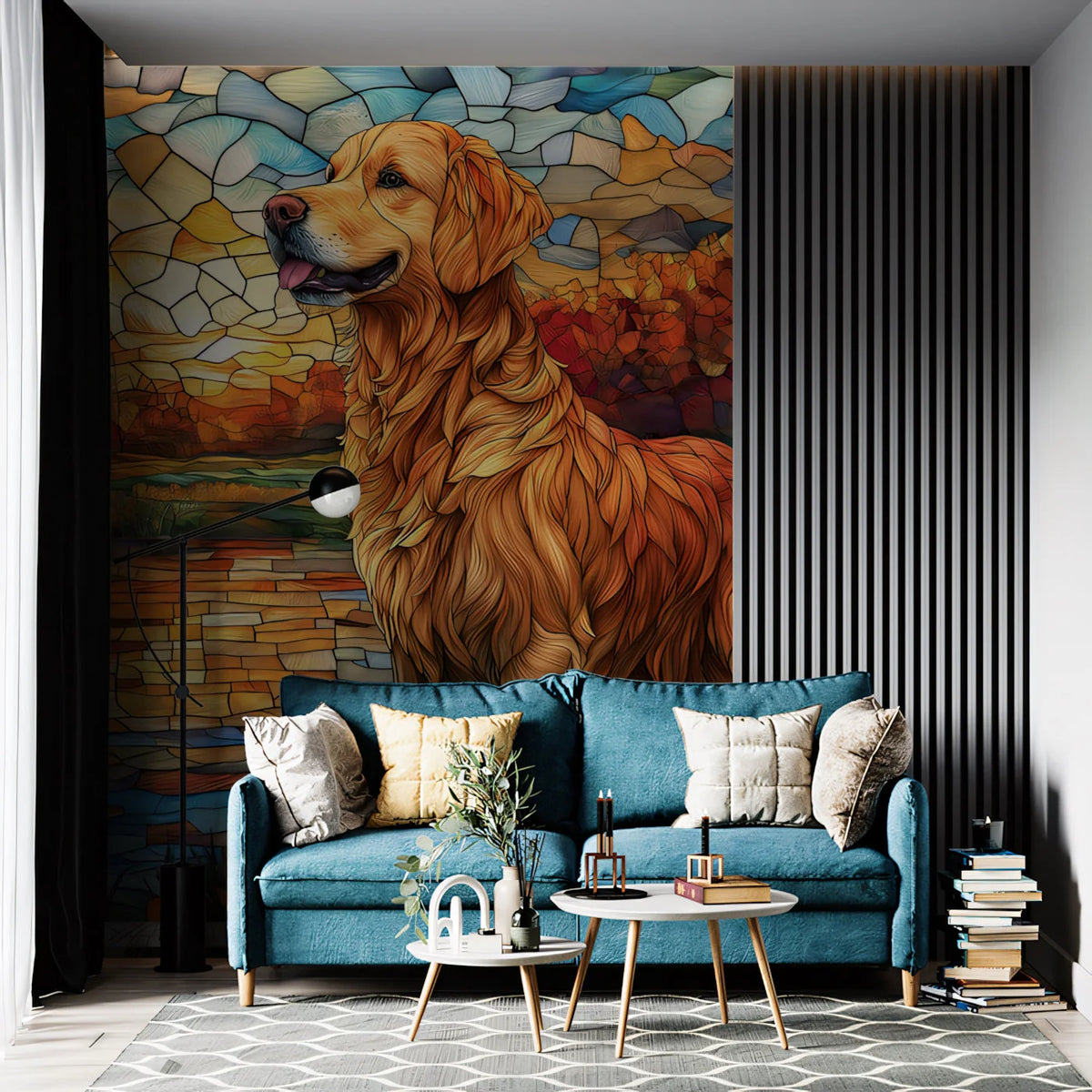 Golden Retriever Sunset Mural Wallpaper — Mosaic Autumn Landscape Mural Wallpaper - pure wallpaper artwork