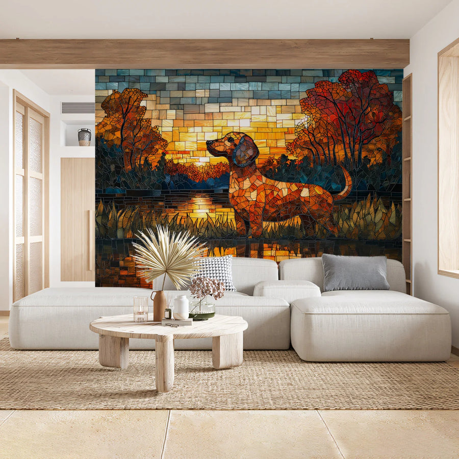 Autumn Dachshund Mosaic Mural Wallpaper — Vibrant Scenic Art Mural Wallpaper