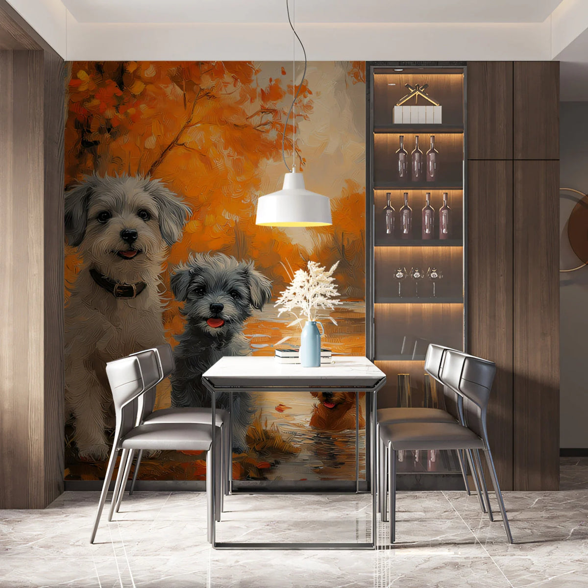 Bichon Frises in Autumn Forest Mural Wallpaper — Realistic Art Mural Wallpaper - pure wallpaper artwork