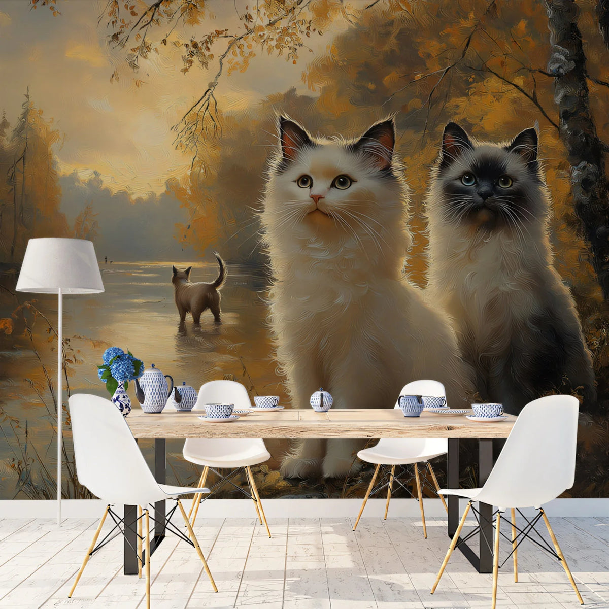 Autumn Feline Forest Mural Wallpaper — Impressionistic Scene Mural Wallpaper - pure wallpaper artwork