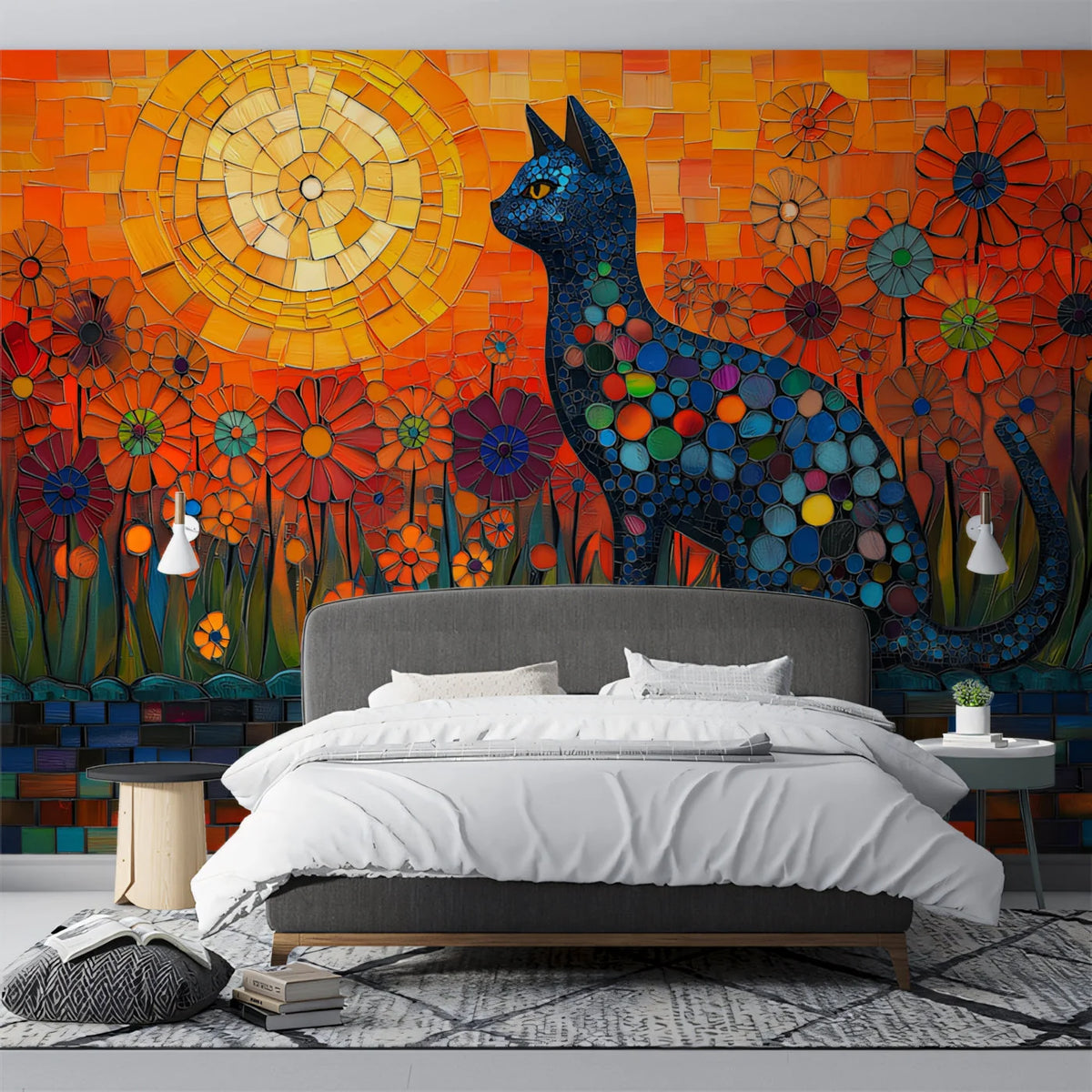 Mosaic Cat and Floral Sun Mural Wallpaper — Artistic Whimsy Mural Wallpaper - pure wallpaper artwork