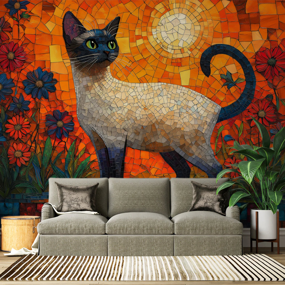 Siamese Cat Mosaic Mural Wallpaper — Vibrant Floral Garden Design Mural Wallpaper - pure wallpaper artwork