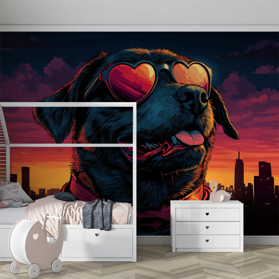 Cool Dog Mural Wallpaper — Urban Sunset Pop Art Portrait Mural Wallpaper