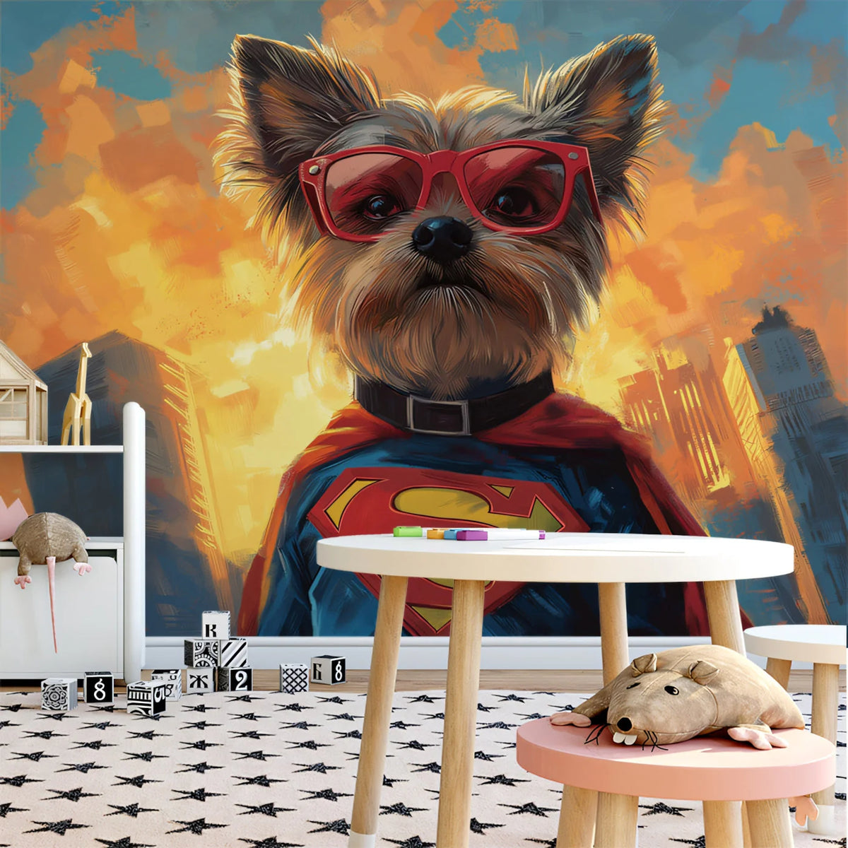 Superhero Terrier Mural Wallpaper — Playful Cityscape Design Mural Wallpaper - pure wallpaper artwork