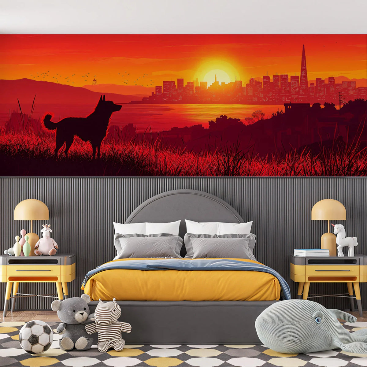 Dog Watching Sunset Cityscape Mural Wallpaper — Warm Red Tones Mural Wallpaper - pure wallpaper artwork