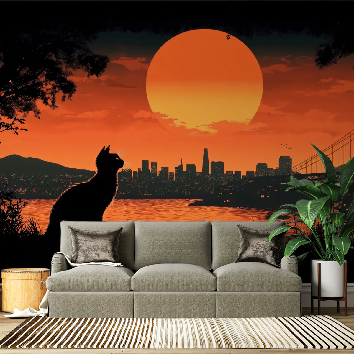 Cat Watching Sunset Cityscape Mural Wallpaper — Urban Silhouette Mural Wallpaper - pure wallpaper artwork