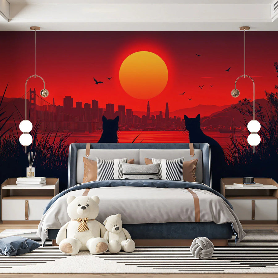 Cat Silhouette Cityscape Mural Wallpaper — Warm Sunset Glow Mural Wallpaper