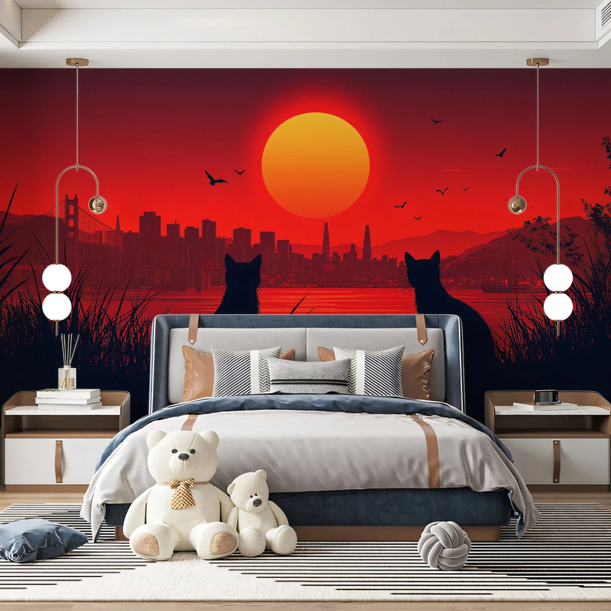 Cat Silhouette Cityscape Mural Wallpaper — Warm Sunset Glow Mural Wallpaper - pure wallpaper artwork