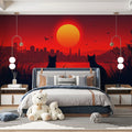 Cat Silhouette Cityscape Mural Wallpaper — Warm Sunset Glow Mural Wallpaper - pure wallpaper artwork