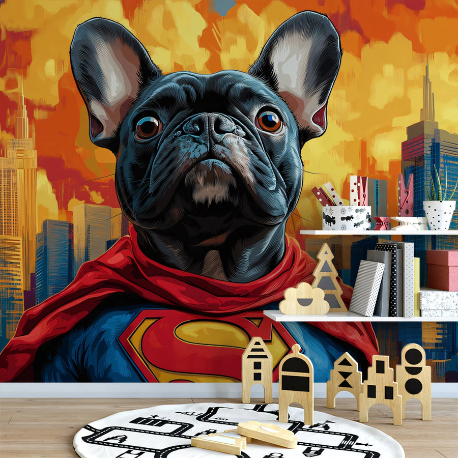 Superhero Frenchie Mural Wallpaper — Vibrant Cityscape Graphic Mural Wallpaper